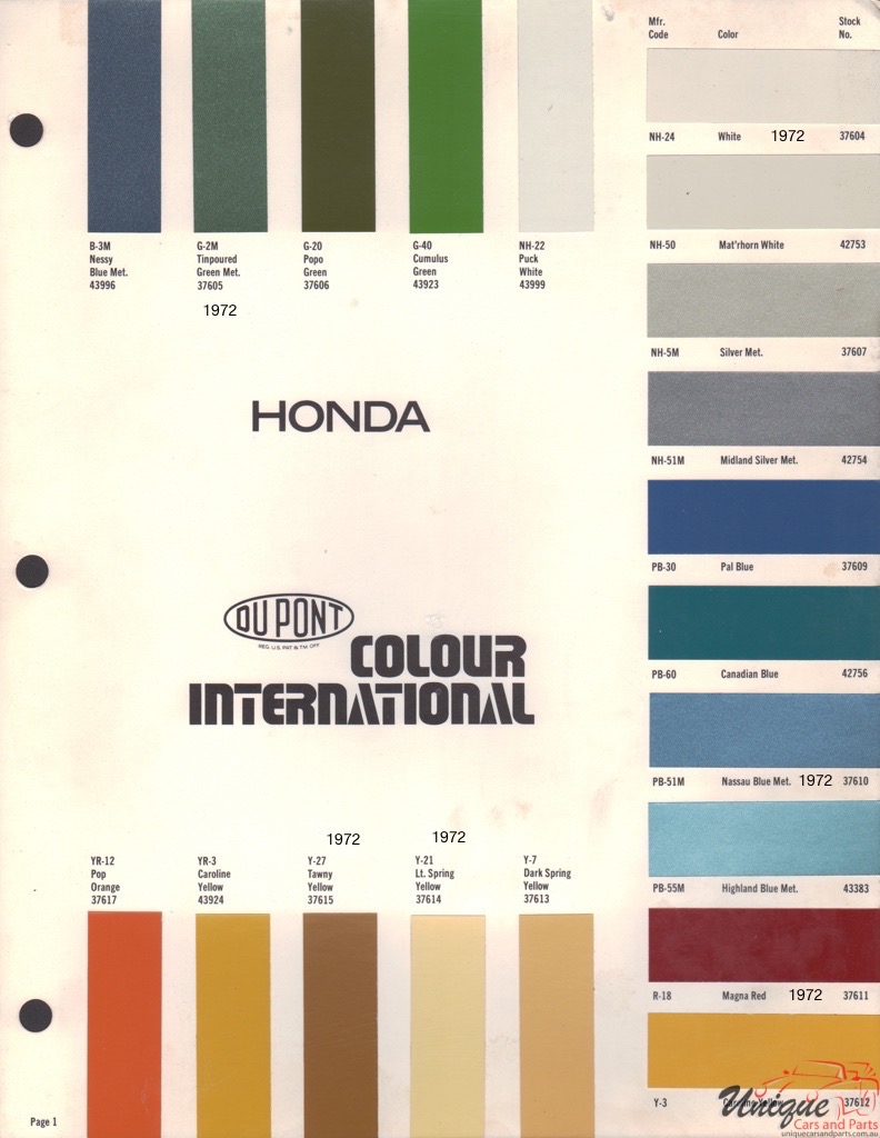 1972 Honda International Paint Charts DuPont 1